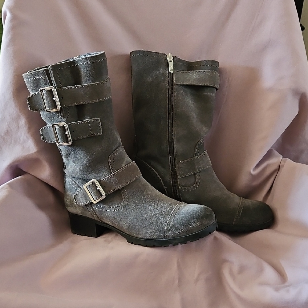Marc Fisher Arianna Round Toe Gray Suede Moto Boots
